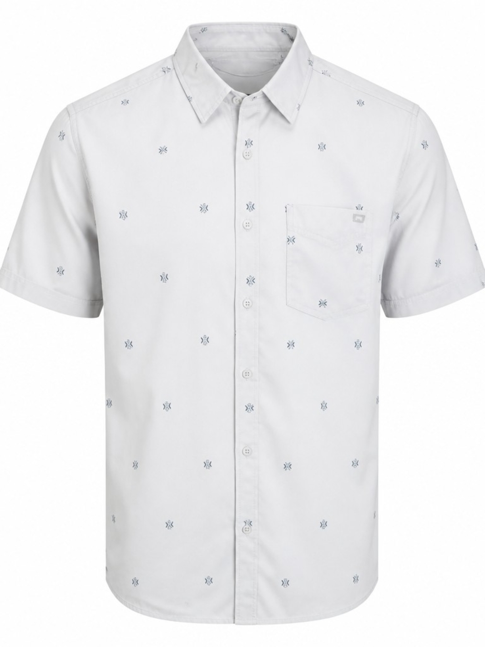 Billabong White Short-Sleeve Button-Down Shirt with Subtle Navy Embroidery